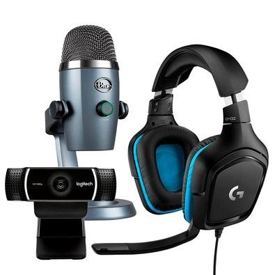 Kit Streamer Microfone Condensador USB Blue Yeti Nano Cinza + Headset Gamer Logitech G432 7.1 + Webcam Full HD Logitech C922