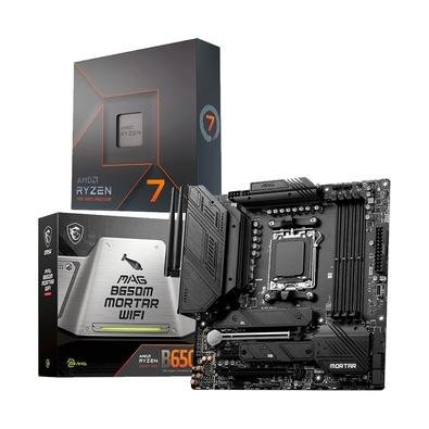 Kit Processador AMD Ryzen 7 7700X + Placa Mãe B650M MSI MAG Mortar Wi-Fi, AMD AM5, mATX, DDR5 - MAG B650M MORTAR WIFI