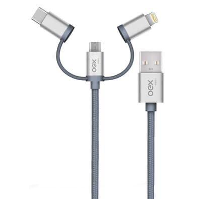 Cabo Trio OEX CE301, USB Com Conectores Micro USB, Type-C E Lightning em Nylon Trançado, 1 Metro, Cinza - 487379