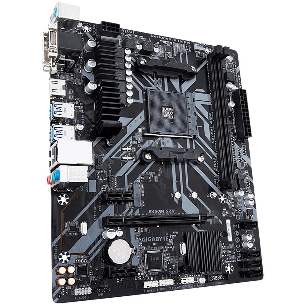 Placa-Mãe Gigabyte B450M S2H, AM4, mATX, DDR4, Preto - B450M S2H Placa-Mãe Gigabyte B450M S2H, AM4, mATX, DDR4, Preto - B450M S2H