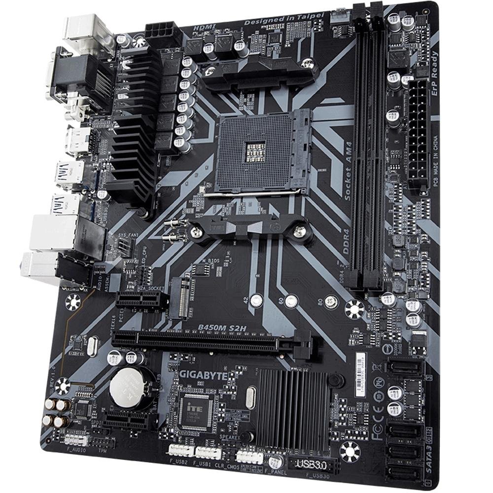 Placa-Mãe Gigabyte B450M S2H, AM4, mATX, DDR4, Preto - B450M S2H Placa-Mãe Gigabyte B450M S2H, AM4, mATX, DDR4, Preto - B450M S2H
