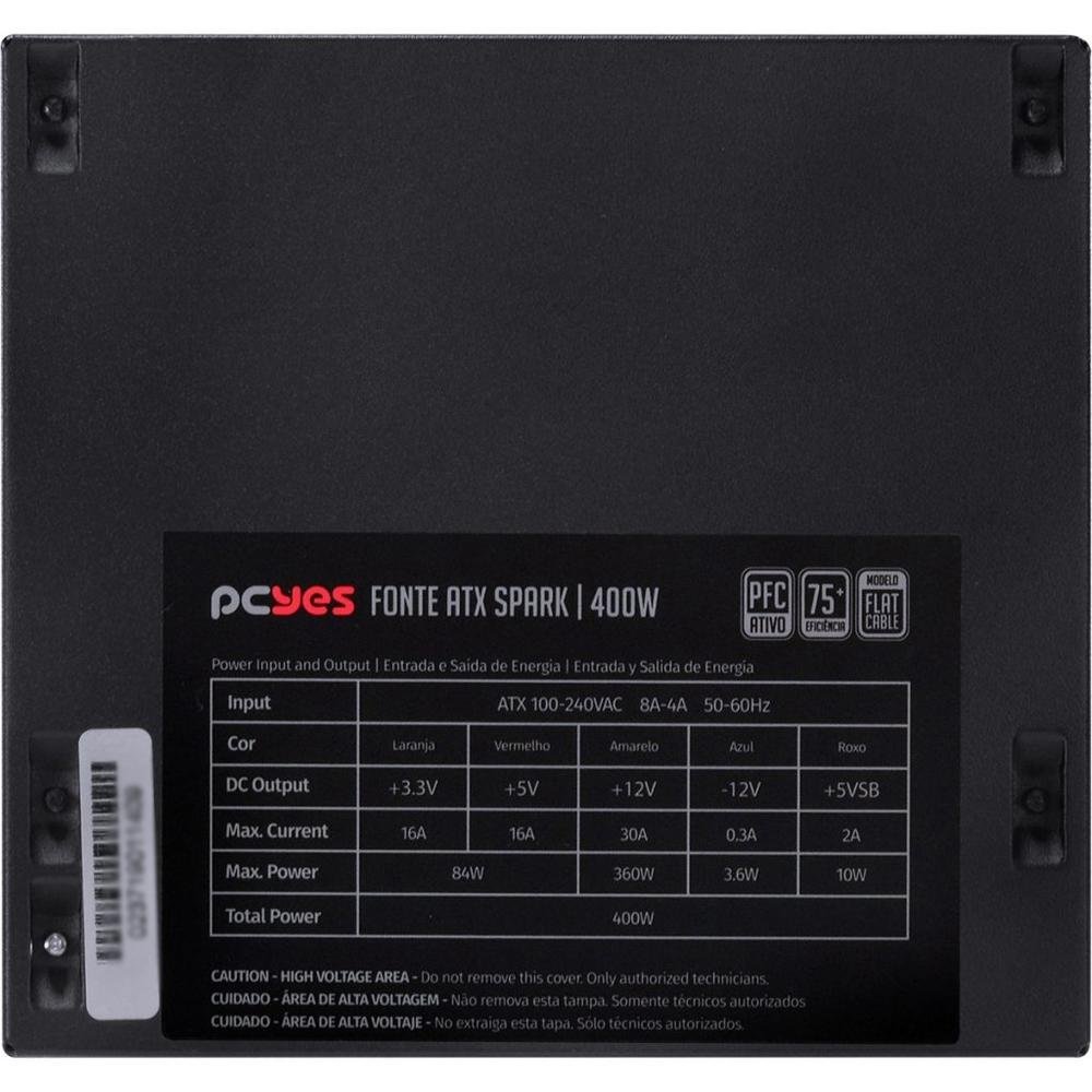 Fonte PCYes Spark 75+, 400W, PFC Ativo, Sem Cabo, Preto - PXSP400WPT