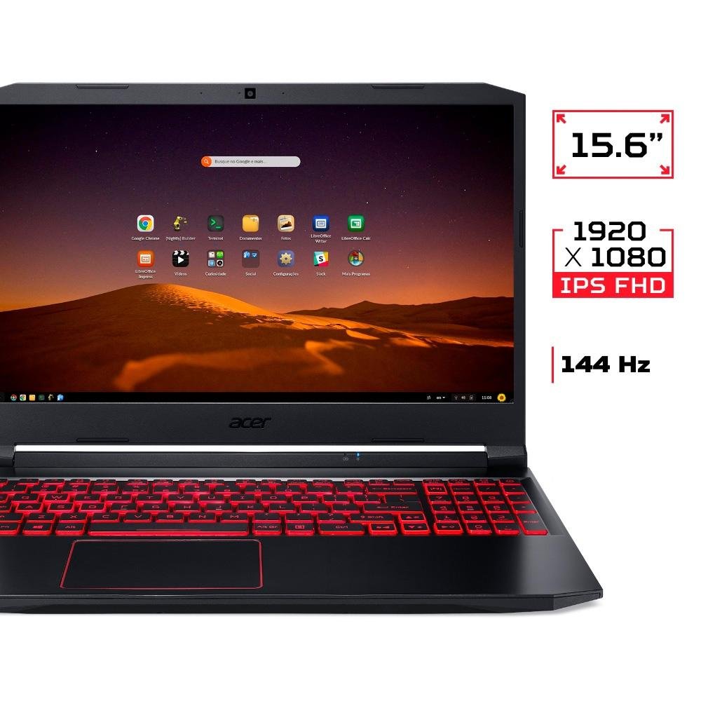 Notebook Gamer Acer Nitro 5 AMD Ryzen 5-4600H, GeForce GTX 1650, 16GB RAM, SSD 512GB, 15.6" FHD, IPS, 144Hz, Linux - AN515-44-R5YZ