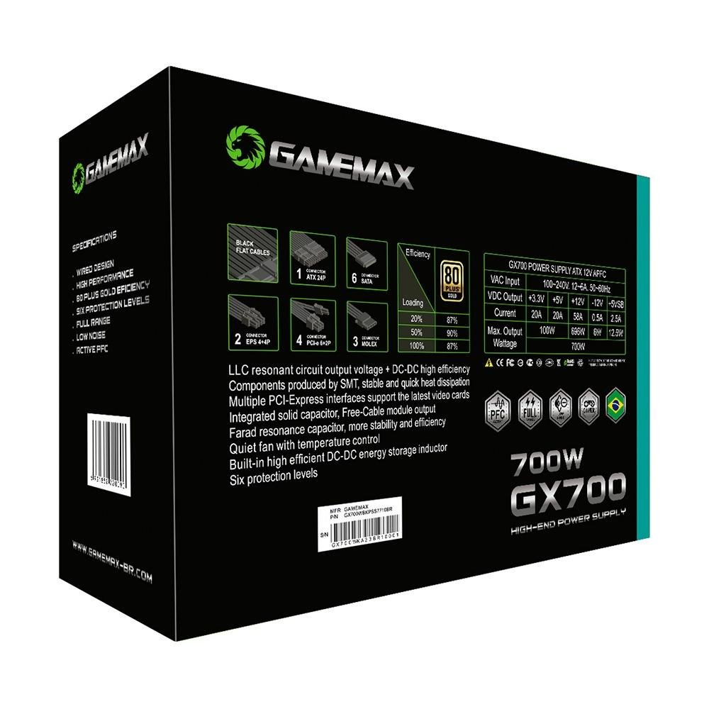 Fonte Gamemax GX700, 700W, 80 Plus Gold, PFC Ativo, Com Cabo, Preto - GX700WBKPSS7710BR Fonte Gamemax GX700, 700W, 80 Plus Gold, PFC Ativo, Com Cabo, Preto - GX700WBKPSS7710BR