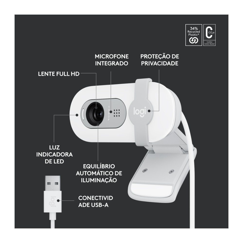 Webcam Logitech Brio 100 Full HD 30 FPS, Microfone, USB-A, Correção Automática, Branco - 960-001615