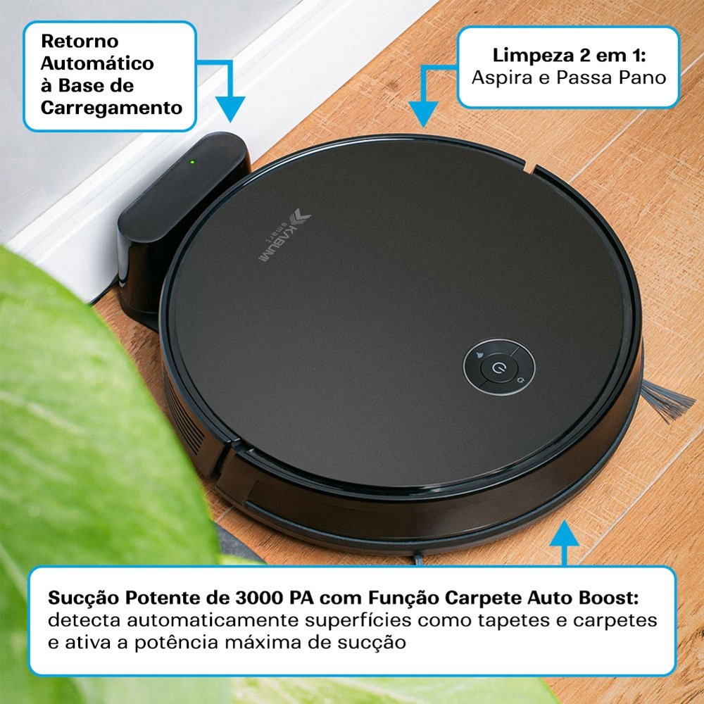 Robô Aspirador e Passa Pano KABUM! smart 550 - 3000Pa, Até 100min Bateria, Monitoramento em Tempo Real, Alexa/Google, Bivolt, Preto - KSAR550PT