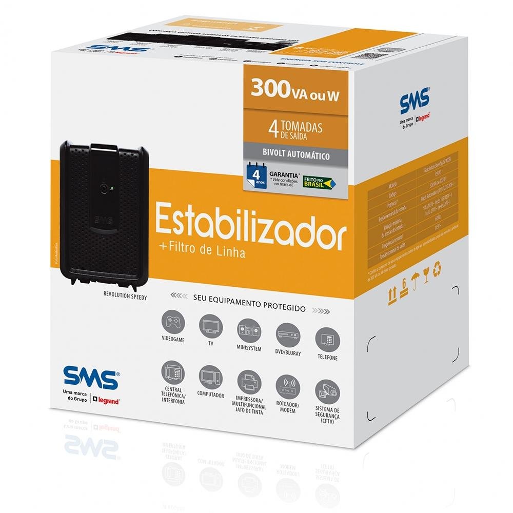 Estabilizador SMS Revolution Speedy 300VA, Entrada Bivolt Automático e Saída de 115V, 4 Tomadas - USP300Bi - 15970 Estabilizador SMS Revolution Speedy 300VA, Entrada Bivolt Automático e Saída de 115V, 4 Tomadas - USP300Bi - 15970