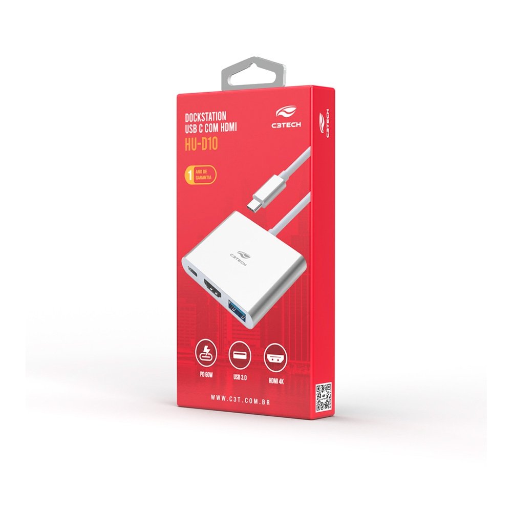 HUB C3Tech USB-C 3.0, para HDMI, 1x USB 3.0, 1x USB-C PD 65W, Cinza - HU-D10SI