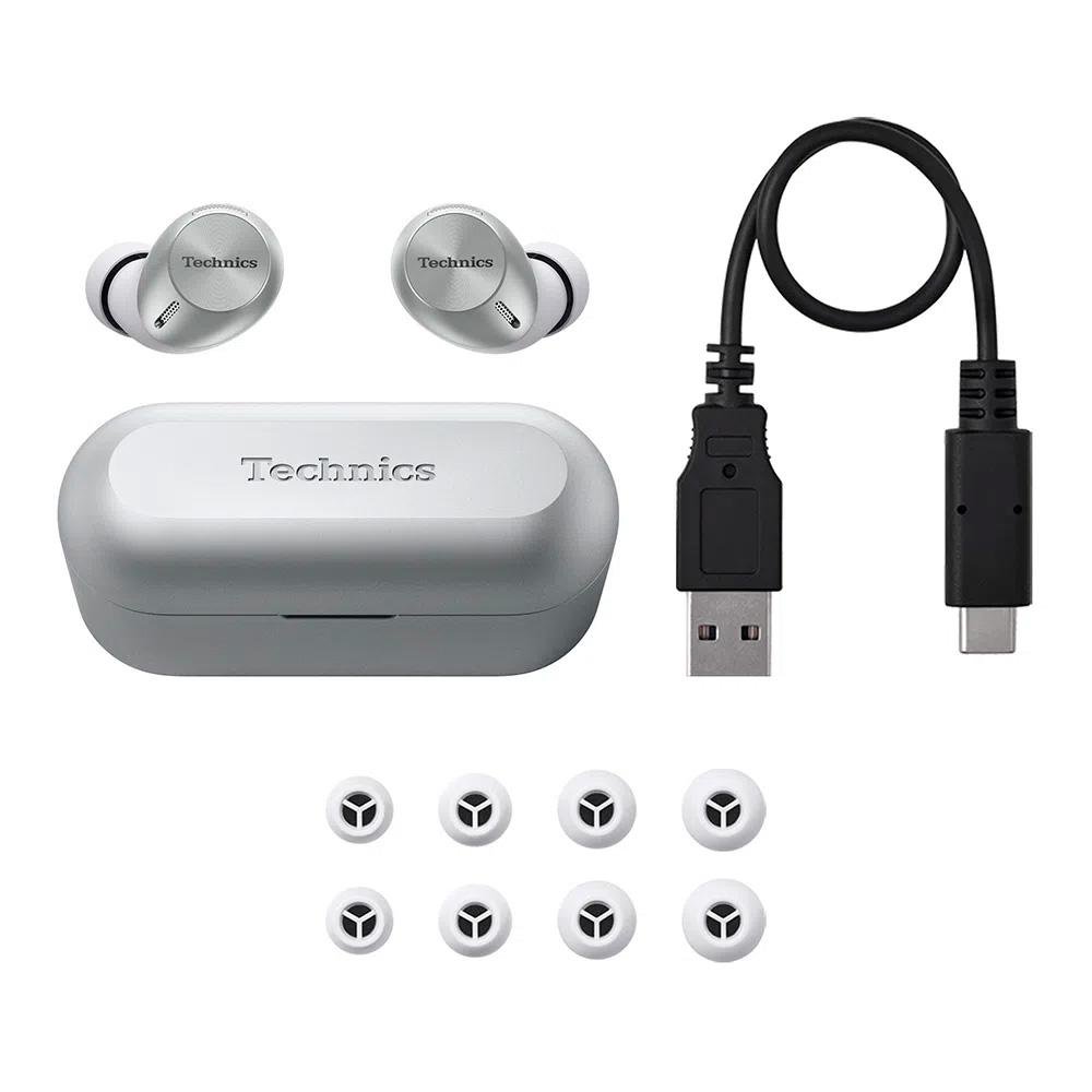 Fone De Ouvido Technics EAH-AZ40, Bluetooth, Cancelamento de Ruído, Wireless, Até 32 Horas de Bateria, Prata - EAH-AZ40P-S Fone De Ouvido Technics EAH-AZ40, Bluetooth, Cancelamento de Ruído, Wireless, Até 32 Horas de Bateria, Prata - EAH-AZ40P-S