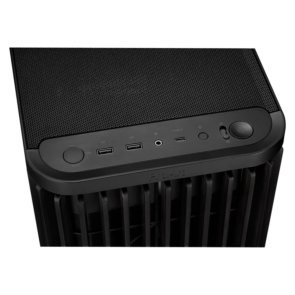 Gabinete ASUS PROART WOOD EDITION PA401, Mid Tower, ATX, Lateral em Vidro Temperado, 3x FANs, Preto - 90DC00M0-B30000