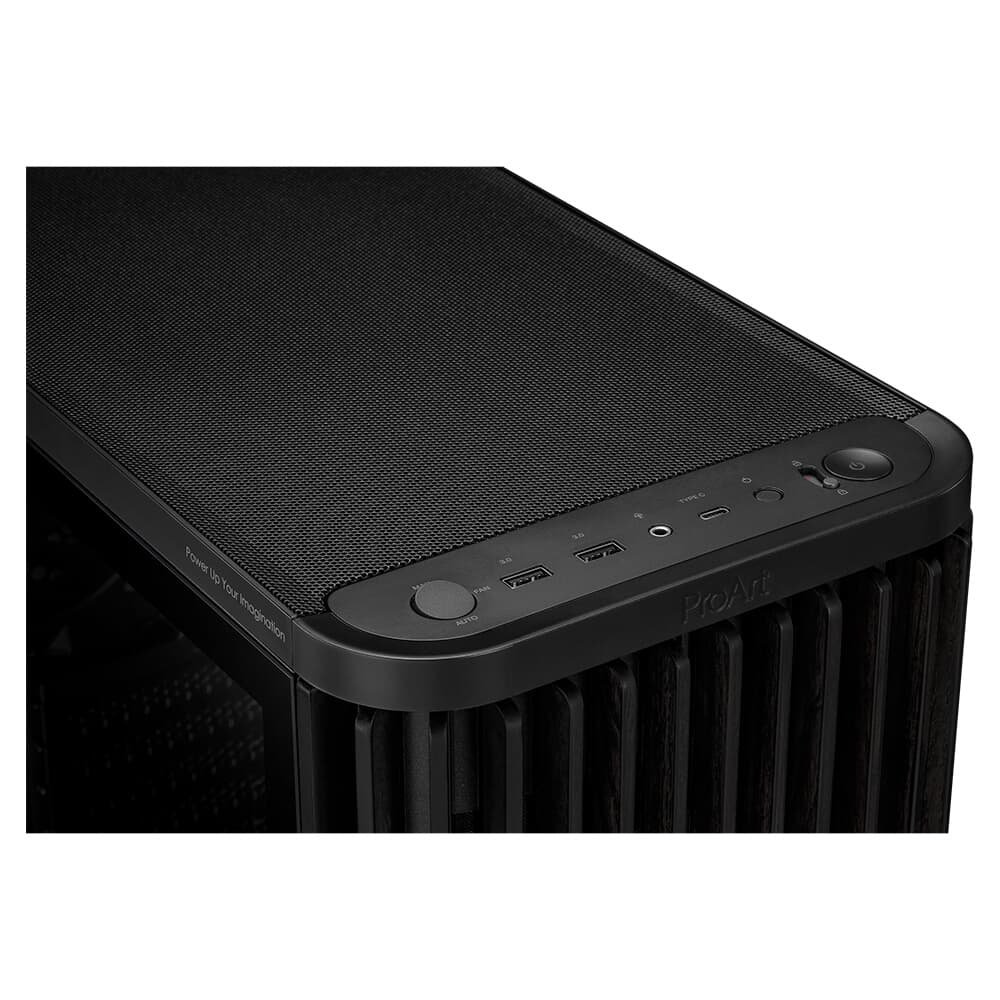 Gabinete ASUS PROART WOOD EDITION PA401, Mid Tower, ATX, Lateral em Vidro Temperado, 3x FANs, Preto - 90DC00M0-B30000