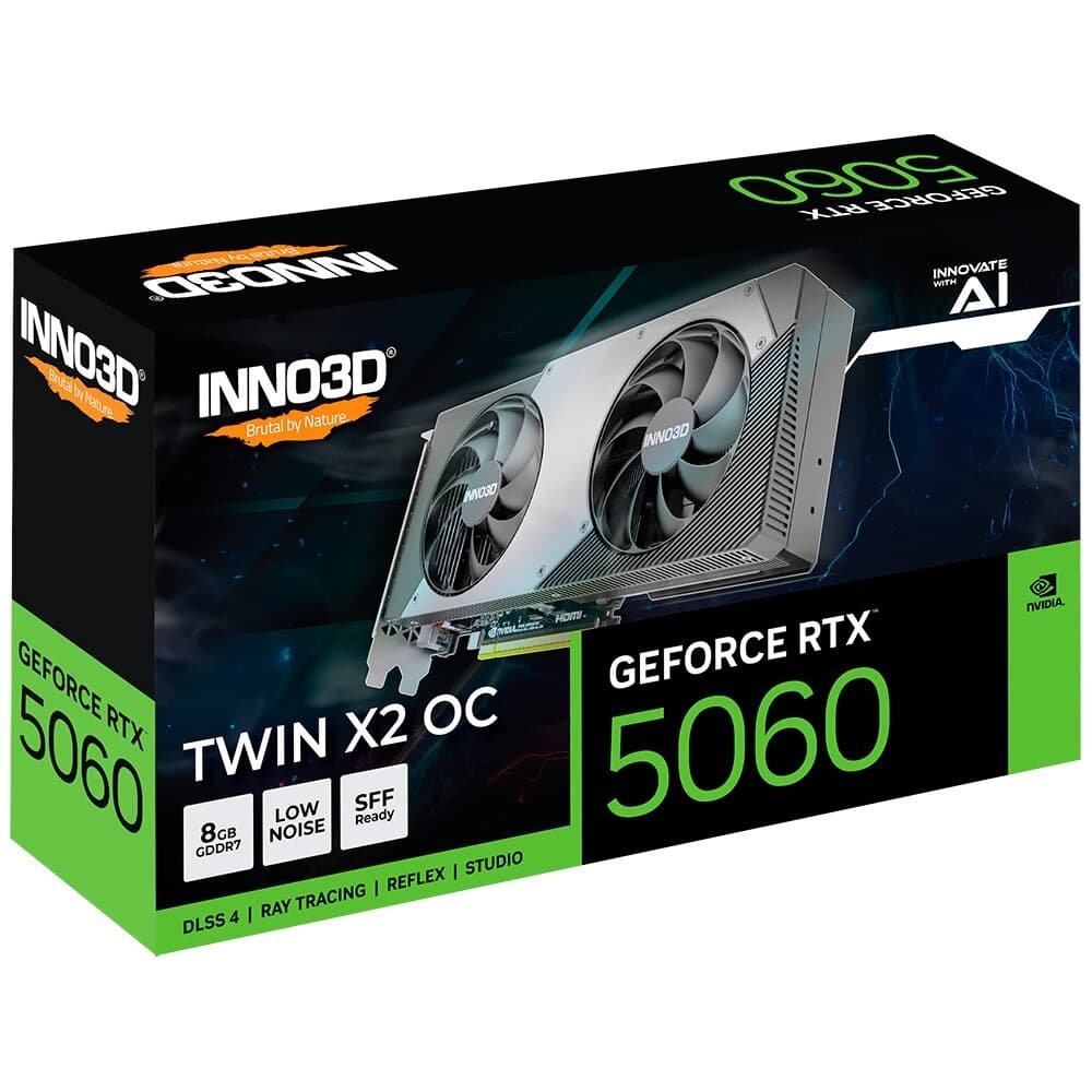 Placa de Video Inno3D RTX 5060 Twin X2 NVIDIA Geforce, 8GB, 2527MHz, 128bits, FP4 e DLSS 4, Ray Tracing - N50602-08D7X-195070N Placa de Video Inno3D RTX 5060 Twin X2 NVIDIA Geforce, 8GB, 2527MHz, 128bits, FP4 e DLSS 4, Ray Tracing - N50602-08D7X-195070N