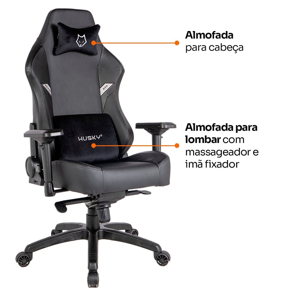 Cadeira Gamer Husky Saucer, Até 150Kg, Braço 4D, Almofadas de Apoio, Massageador de Lombar, Reclinável 135º, PU, Preta - HCG800PT - view 7