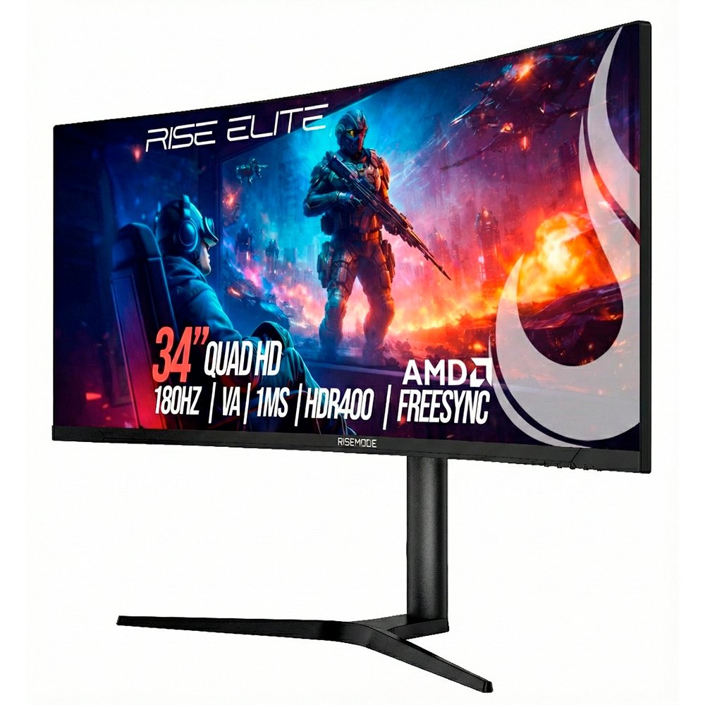 Monitor Gamer Curvo Rise Mode Prime 34", QHD, 180Hz, 1ms, IPS, FreeSync, HDR 400, HDMI e DisplayPort, Preto - RM-MOG-34C1802K-B