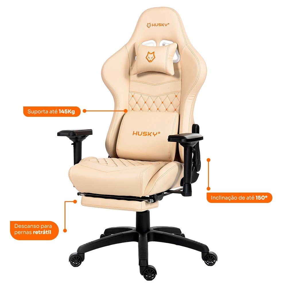Cadeira Gamer Husky Tempest 4D, Até 145kg, Braços 4D, Almofadas, Reclinável 150º, PU, Descanso para Pés, Branca - HCG700BR4D - view 7