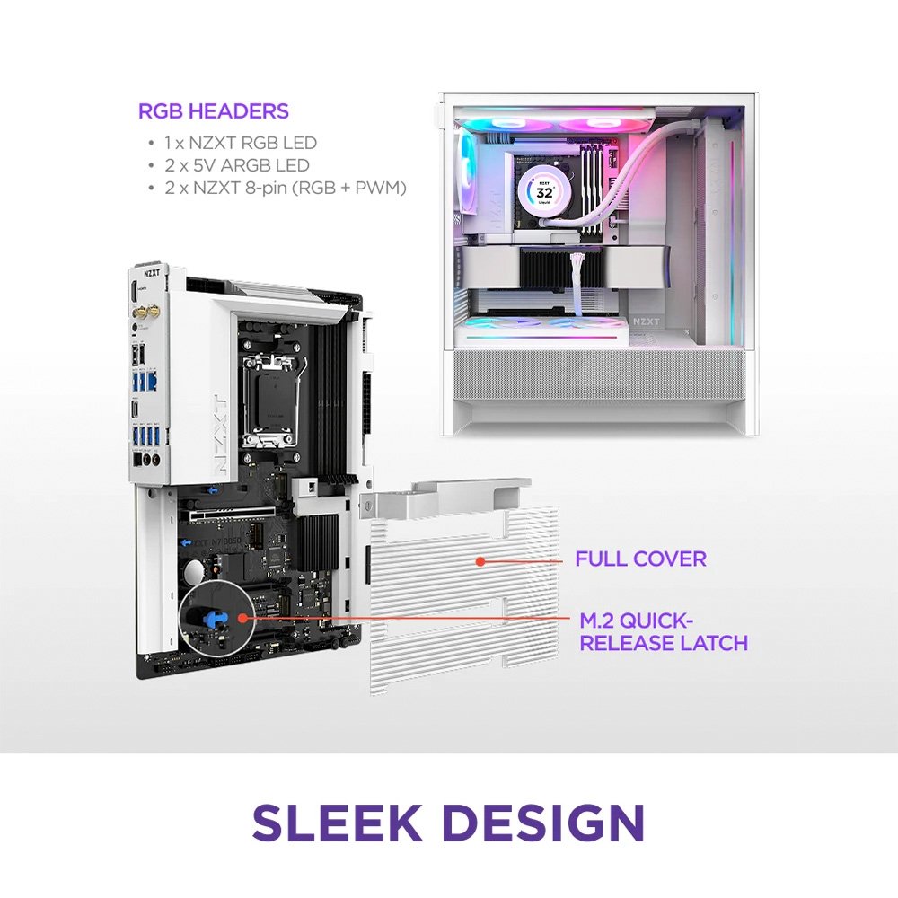 Placa Mãe NZXT N7 B850, AMD B850, AM5, ATX, DDR5, com Wi-Fi e Cover, Branca - N7-B85XT-W1