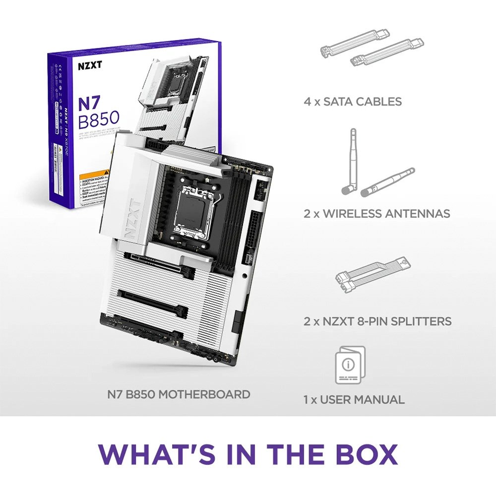 Placa Mãe NZXT N7 B850, AMD B850, AM5, ATX, DDR5, com Wi-Fi e Cover, Branca - N7-B85XT-W1