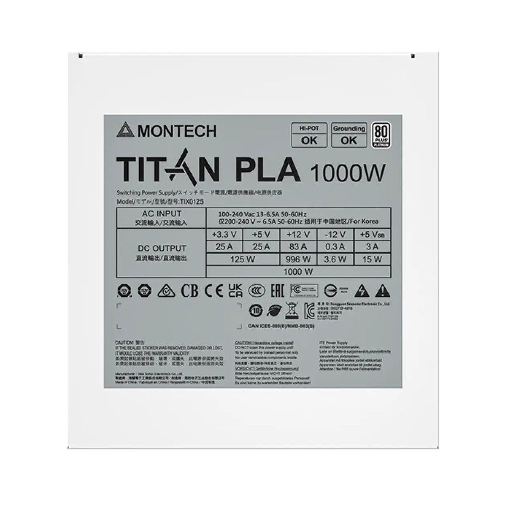 Fonte Montech TITAN PLA, 1000W, 80 Plus Platinum, Full Modular, ATX 3.1, PFC Ativo, Branco - TITAN PLA 1000W Fonte Montech TITAN PLA, 1000W, 80 Plus Platinum, Full Modular, ATX 3.1, PFC Ativo, Branco - TITAN PLA 1000W