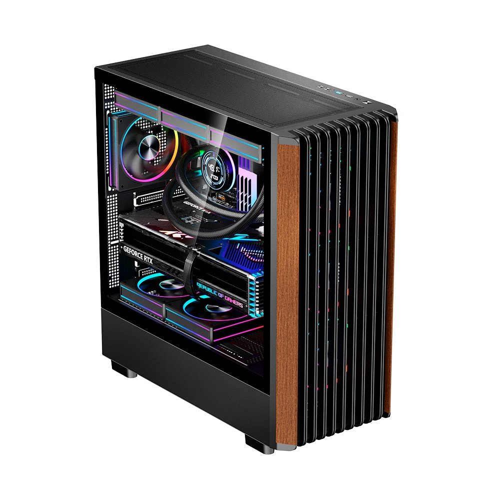 Gabinete Gamer Liketec Pinos, E-ATX, Painel Frontal com Detalhes em Madeira, Preto - LC-KB-PINOS-2025-1002