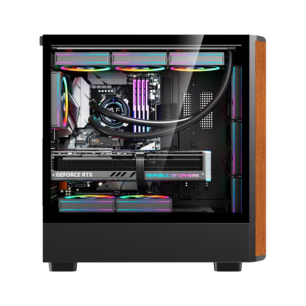 Gabinete Gamer Liketec Pinos, E-ATX, Painel Frontal com Detalhes em Madeira, Preto - LC-KB-PINOS-2025-1002