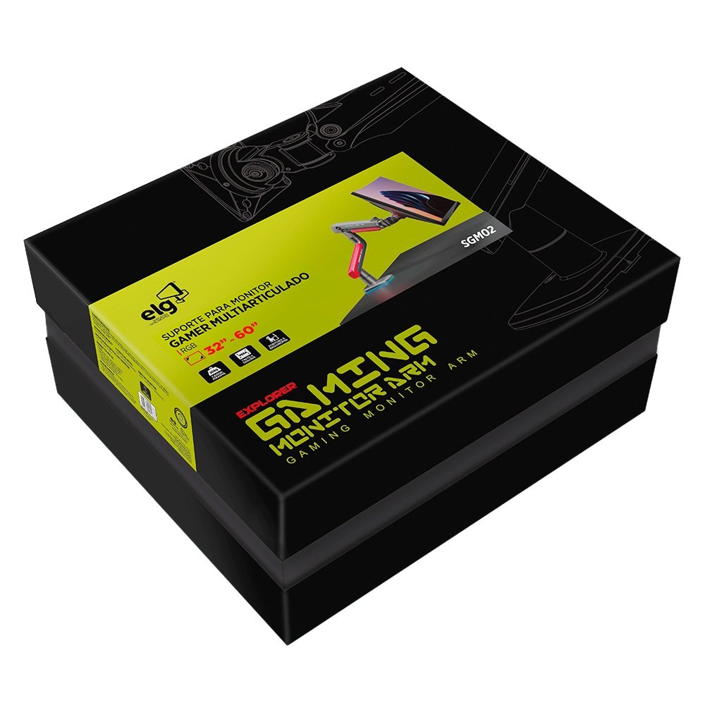 Suporte de Mesa Articulado Gamer para Monitor de 32" a 60" ELG, com Pistão a Gás, VESA, RGB, Vermelho e Preto - SGM02