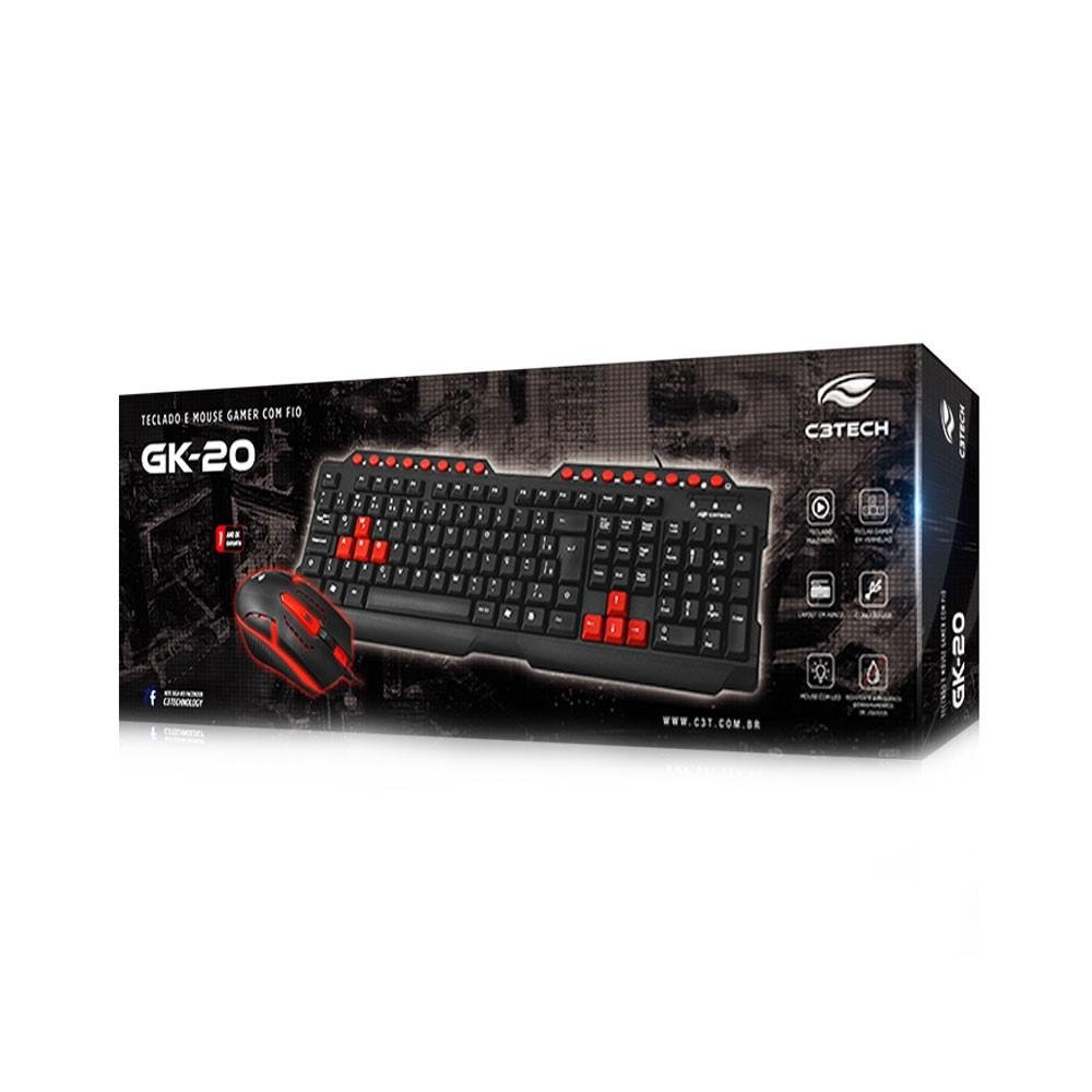 Kit Gamer C3Tech GK-20BK, Teclado, ABNT2, USB + Mouse, 1200DPI, USB, Preto e Vermelho