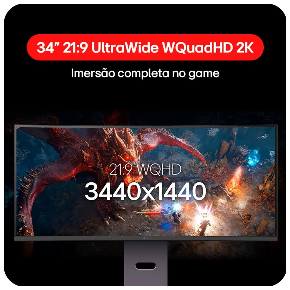 Monitor Gamer Curvo LG UltraGear 34, QHD, UltraWide, 160Hz, 1ms, FreeSync Premium, HDR10, Altura Ajustável, Som Integrado - 34G600A-B Monitor Gamer Curvo LG UltraGear 34, QHD, UltraWide, 160Hz, 1ms, FreeSync Premium, HDR10, Altura Ajustável, Som Integrado - 34G600A-B