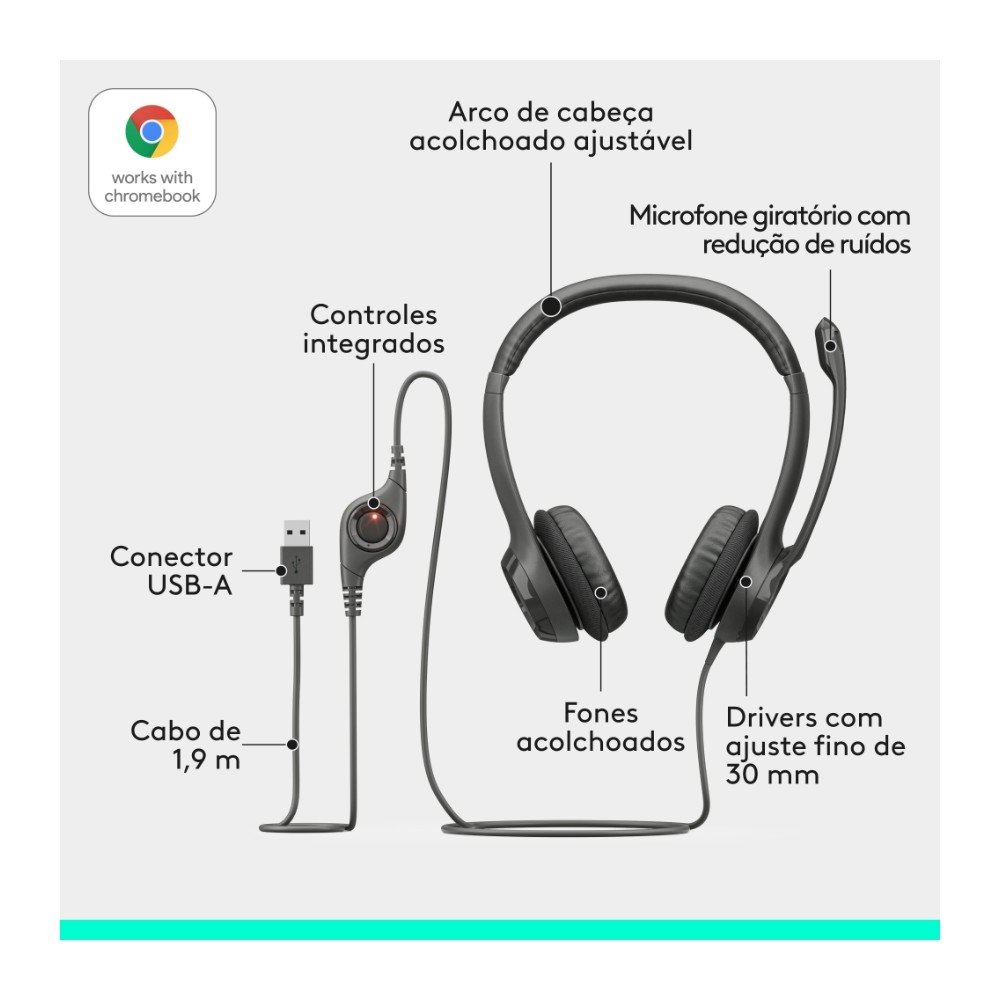 Headset com fio USB Logitech H390 com Almofadas, Controles de Áudio Integrado e Microfone com Redução de Ruído - 981-000014 Headset com fio USB Logitech H390 com Almofadas, Controles de Áudio Integrado e Microfone com Redução de Ruído - 981-000014