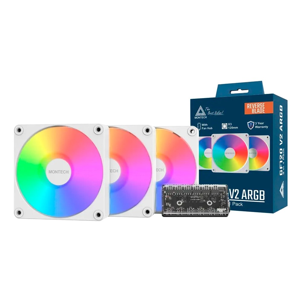 Kit Ventoinhas Montech GF120R V2, ARGB, Reverse, 3x 120mm, Branco - GF120RV2ARGB3PW
