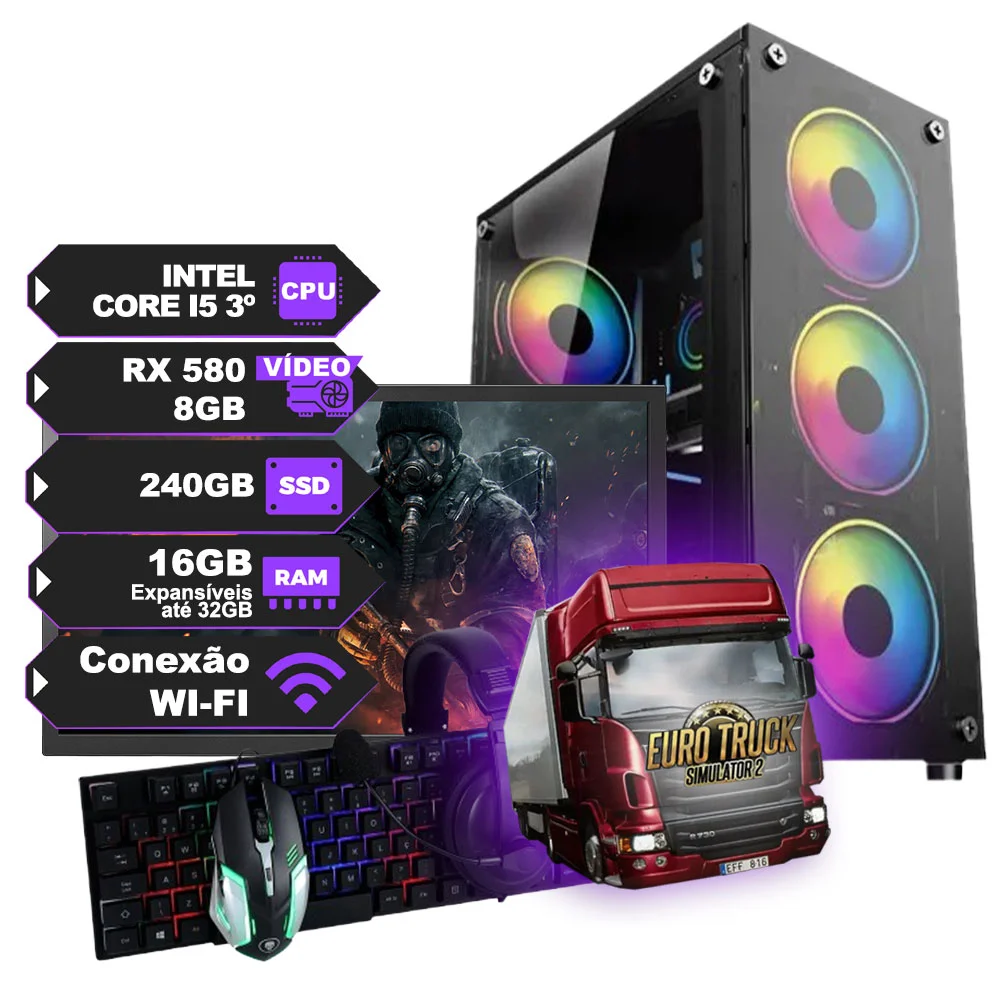 "Pc Gamer Completo Intel I5 3º 3350 c/ Placa de Vídeo dedicada Rx 580 de 8GB, SSD 240GB, Ram 16GB, Wi-Fi e Monitor de 20"""