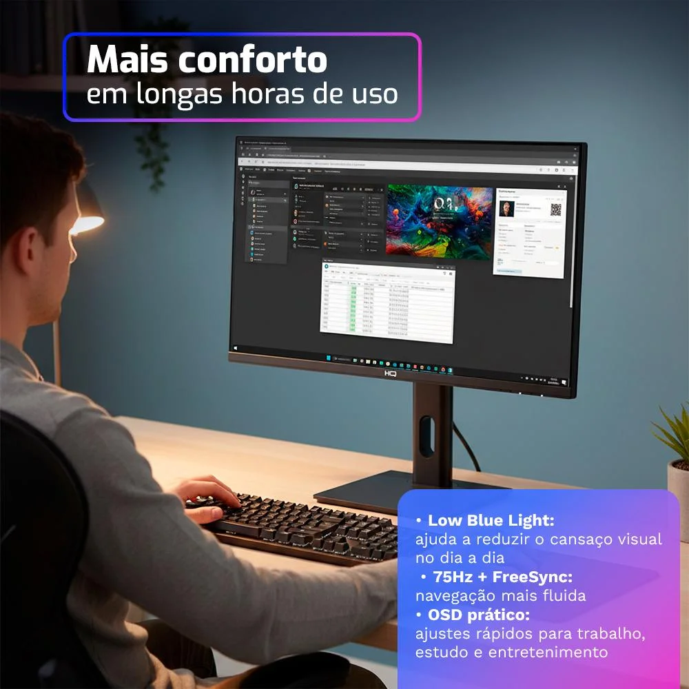 Monitor Hq Pro 27”, Ips, 1ms, Qhd 2560x1440, Ergonômico, Ajuste De Altura E Rotação, HDMI + Dp Frameless Hq27aj75