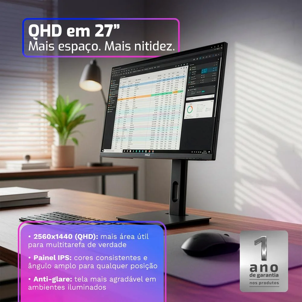 Monitor Hq Pro 27”, Ips, 1ms, Qhd 2560x1440, Ergonômico, Ajuste De Altura E Rotação, HDMI + Dp Frameless Hq27aj75