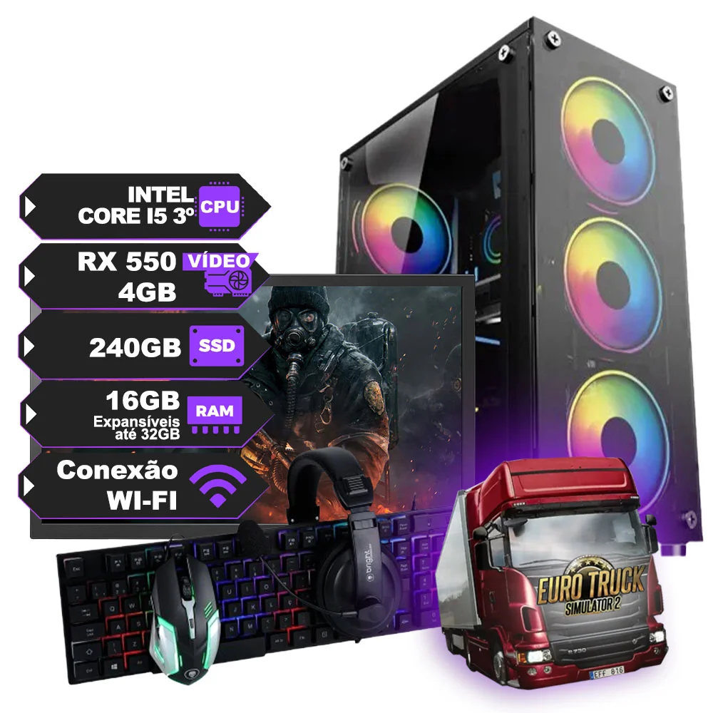 PC Gamer Completo Intel Core I5 3º, RX 550 de 4 GB, SSD 240GB, 16GB RAM, Wi-Fi e Fonte 500W