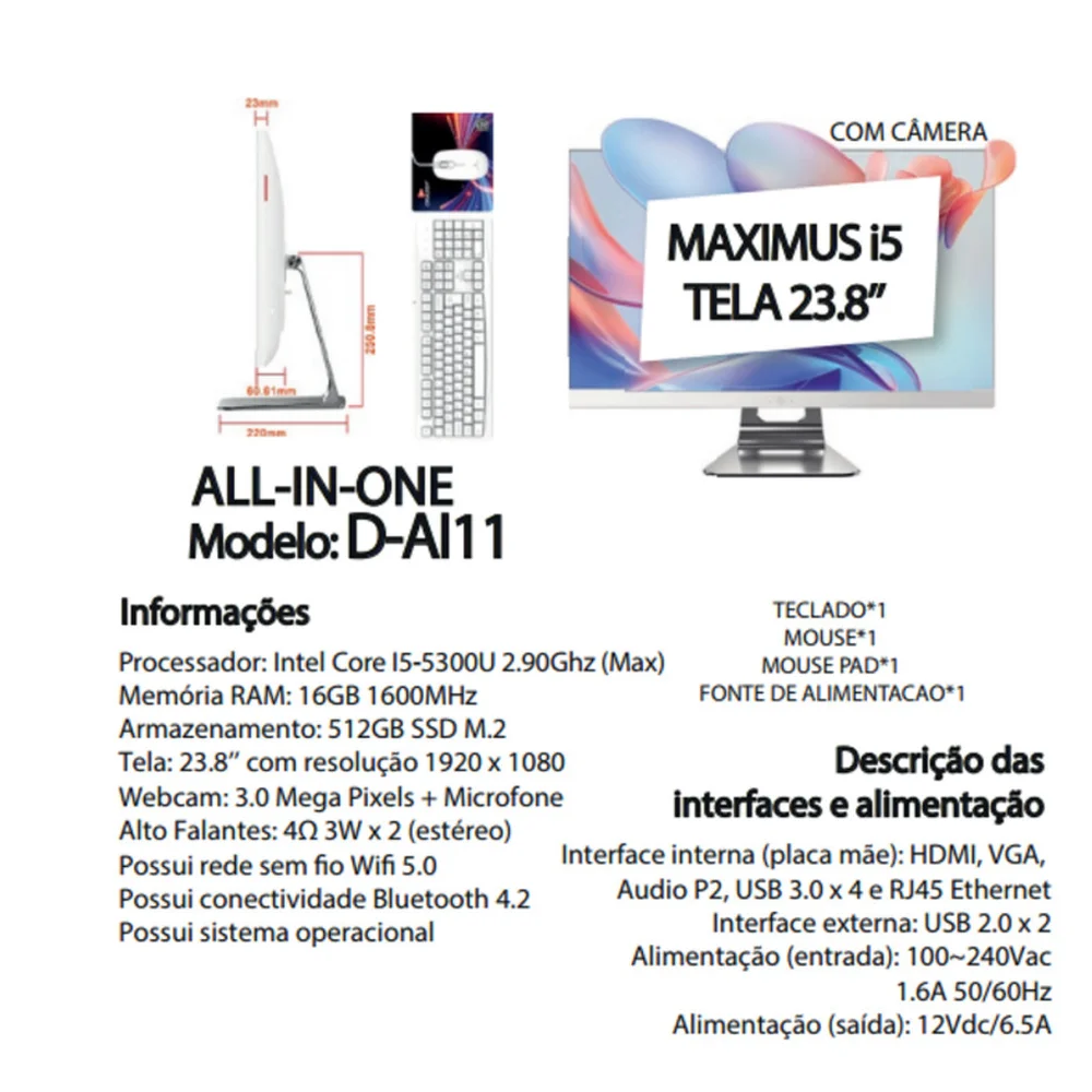 "PC All In One i5 16gb Ram 23.8 "" Full Hd 512gb SSD Webcam Integrada Wi-fi Bluetooth Kit Completo Teclado E Mouse" em Campinas - foto 2