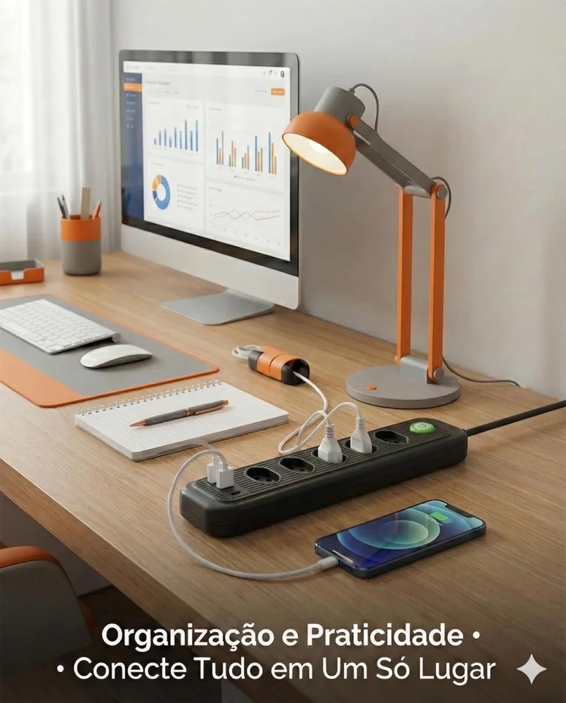 Régua  Energia 5 Tomadas + Usb  Tipo-c Cabo 2m  Filtro Linha