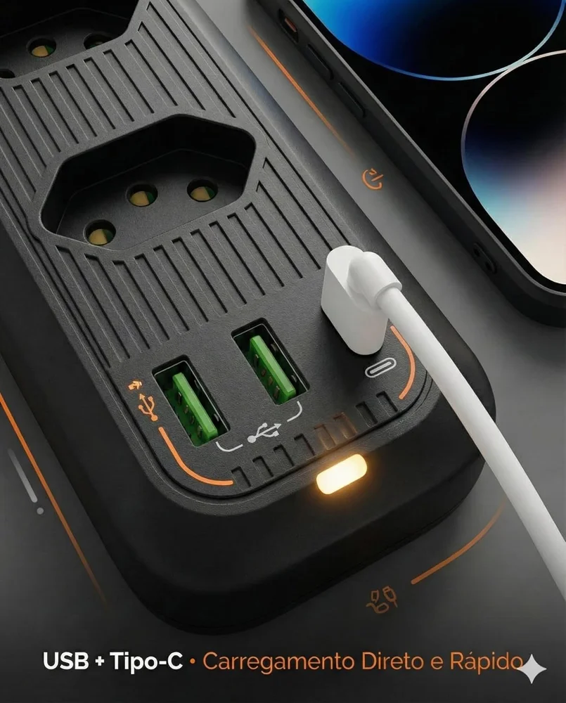 Régua  Energia 5 Tomadas + Usb  Tipo-c Cabo 2m  Filtro Linha