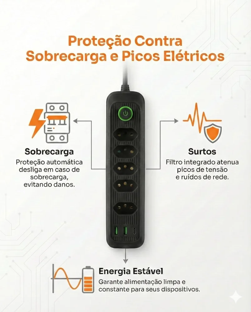 Régua  Energia 5 Tomadas + Usb  Tipo-c Cabo 2m  Filtro Linha