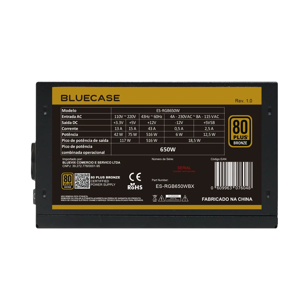 Fonte Atx 0650 W Bluecase, Es-RGB650wbx, 80 Plus Bronze, Pfc Ativo, Com Cabo, Com Caixa, Preta Fonte Atx 0650 W Bluecase, Es-RGB650wbx, 80 Plus Bronze, Pfc Ativo, Com Cabo, Com Caixa, Preta