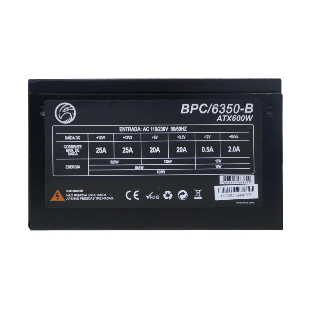 Fonte De Alimentação Para PC Brazil PC Bpc/6350 600w Preta 115v/230v Fonte De Alimentação Para PC Brazil PC Bpc/6350 600w Preta 115v/230v