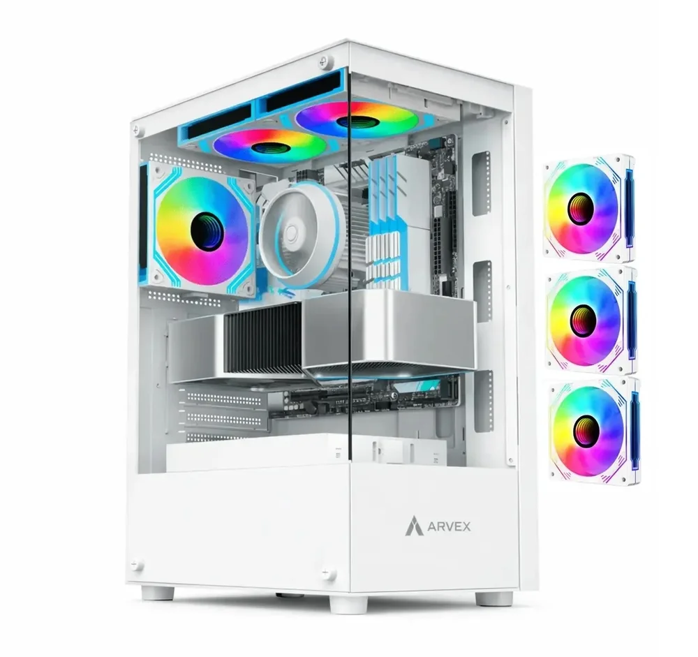 Gabinete Gamer Arvex Ignis Branco Mid Tower Lateral E Frontal Em Vidro Temperado Com 3 Fans RGB Gabinete Gamer Arvex Ignis Branco Mid Tower Lateral E Frontal Em Vidro Temperado Com 3 Fans RGB