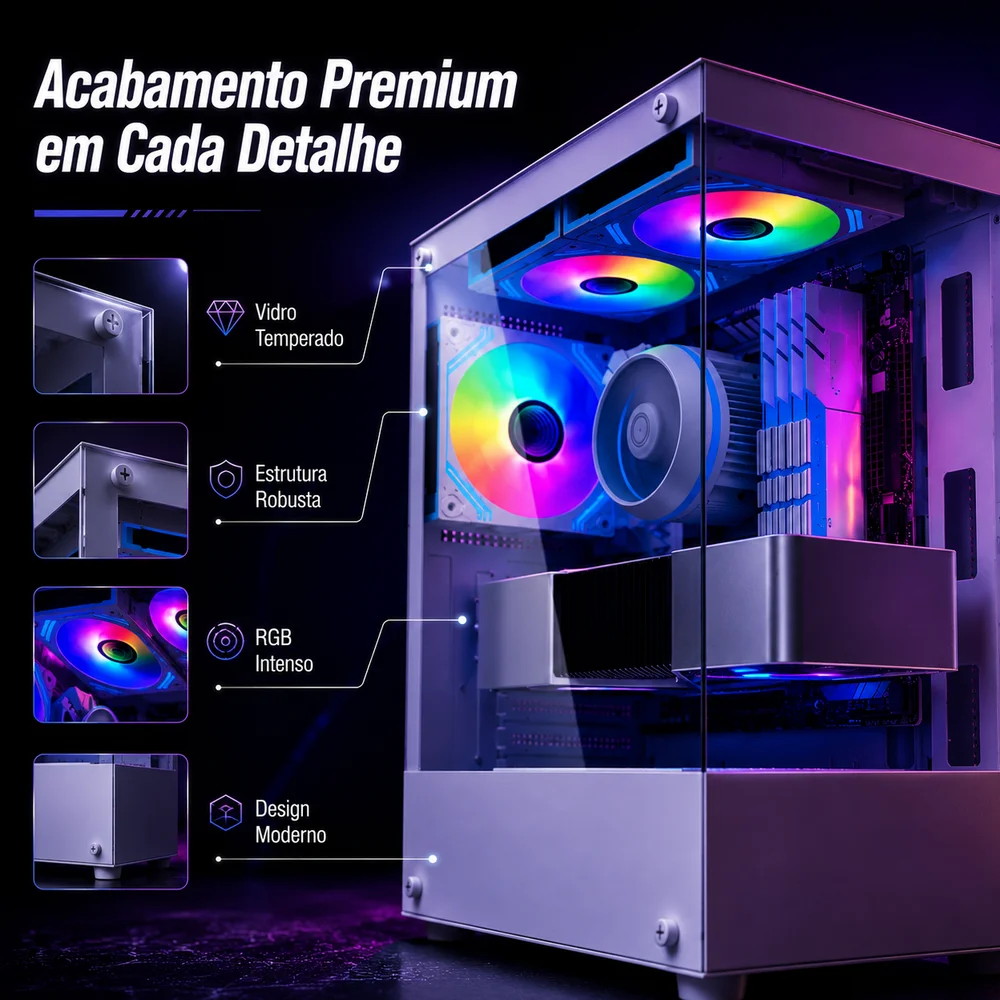Gabinete Gamer Arvex Ignis Branco Mid Tower Lateral E Frontal Em Vidro Temperado Com 3 Fans RGB Gabinete Gamer Arvex Ignis Branco Mid Tower Lateral E Frontal Em Vidro Temperado Com 3 Fans RGB