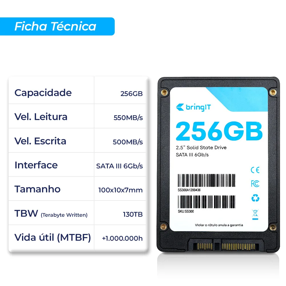 SSD Bringit 256gb Sata Iii Leitura 550mb/s Gravação 500mb/s