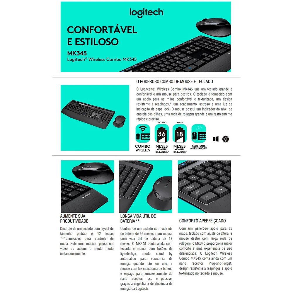 Teclado E Mouse Sem Fio Logitech Mk345 KaBuM