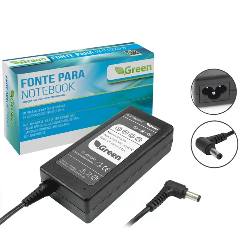 Carregador Notebook 19v 3.42a, Pino 5.5/2.5mm, Bivolt, Green