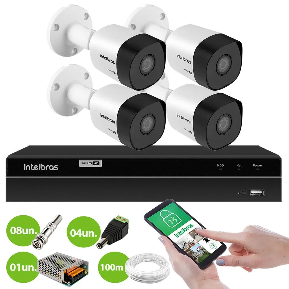Kit 4 Câmeras Bullet Hd 720p Vhd 3130 B G6 3,6mm 30m Ip67 Dvr Gravador Intelbras Mhdx 1204 4 Canais