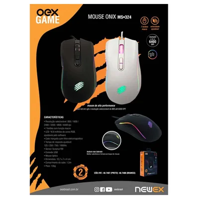 Mouse Gamer OEX Game MS324 Onix 7 Botões 6400 DPI