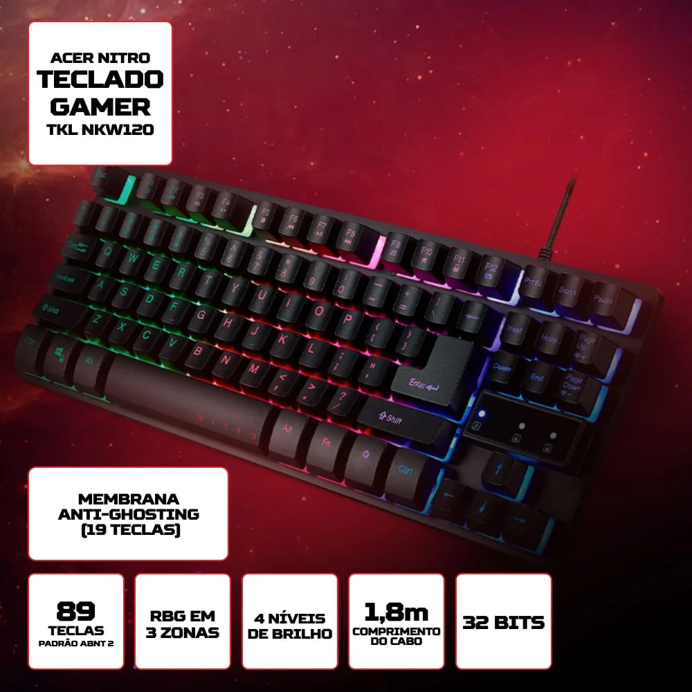 Teclado Gamer Acer Nitro TKL, RGB Led Rainbow, Anti-Ghosting, ABNT2, USB - NKW120 Teclado Gamer Acer Nitro TKL, RGB Led Rainbow, Anti-Ghosting, ABNT2, USB - NKW120