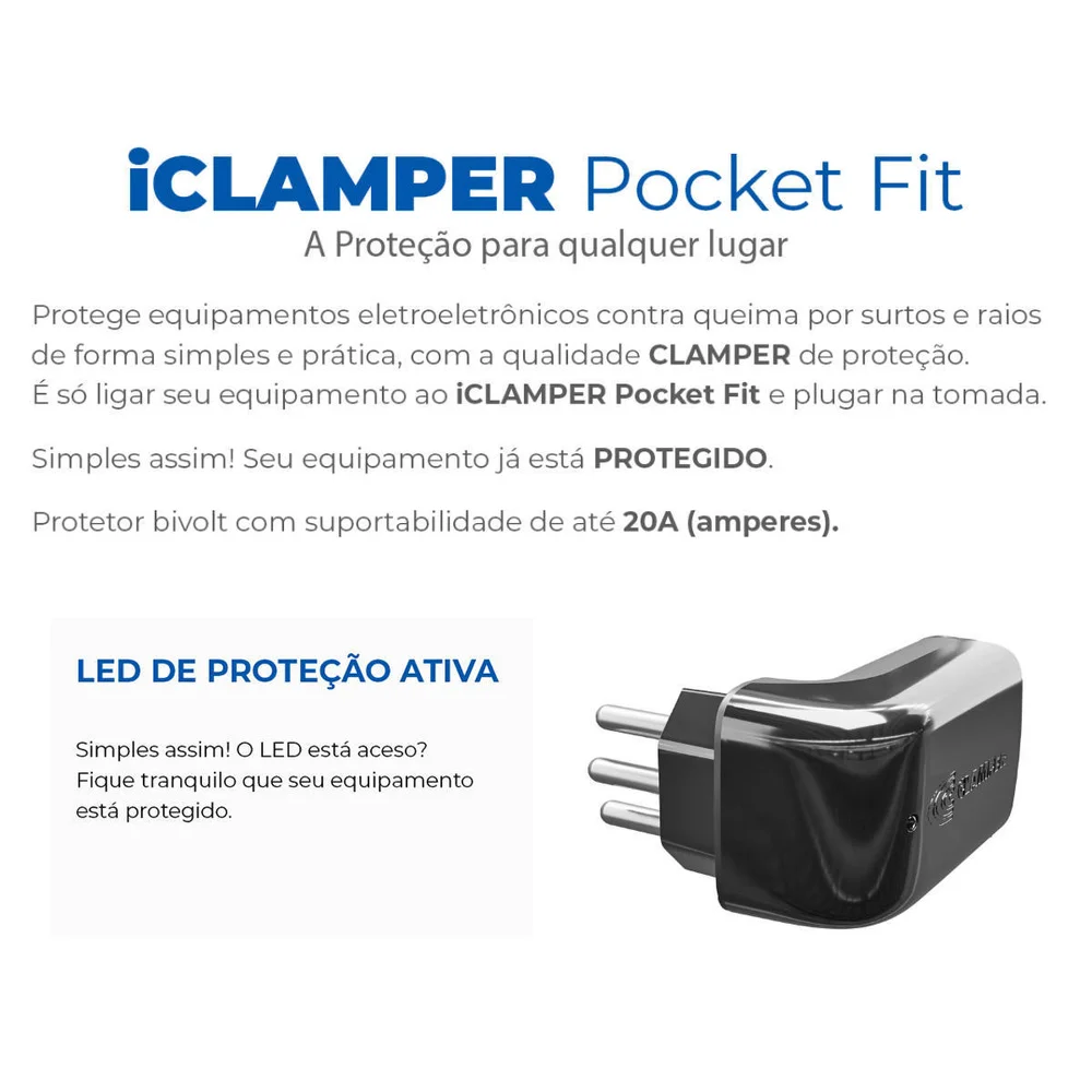 Iclamper Pocket Fit 3 Pinos 20a Dps Proteção Contra Raios E Surtos Elétricos Clamper Preto