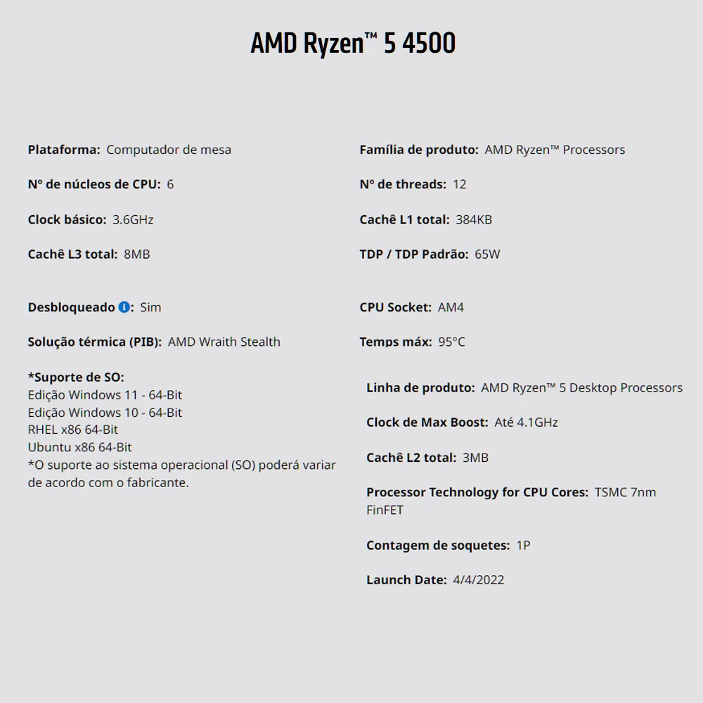 Kit Upgrade AMD Ryzen 5 4500, Placa Mãe A520M, 16GB DDR4, Neologic - Nli84048 Kit Upgrade AMD Ryzen 5 4500, Placa Mãe A520M, 16GB DDR4, Neologic - Nli84048