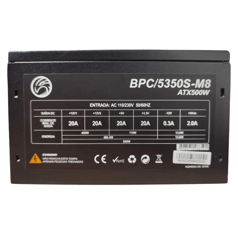 Fonte Brazilpc Atx 500w Brazilpc Bpc/5350-m 24 Pinos Box Fonte Brazilpc Atx 500w Brazilpc Bpc/5350-m 24 Pinos Box